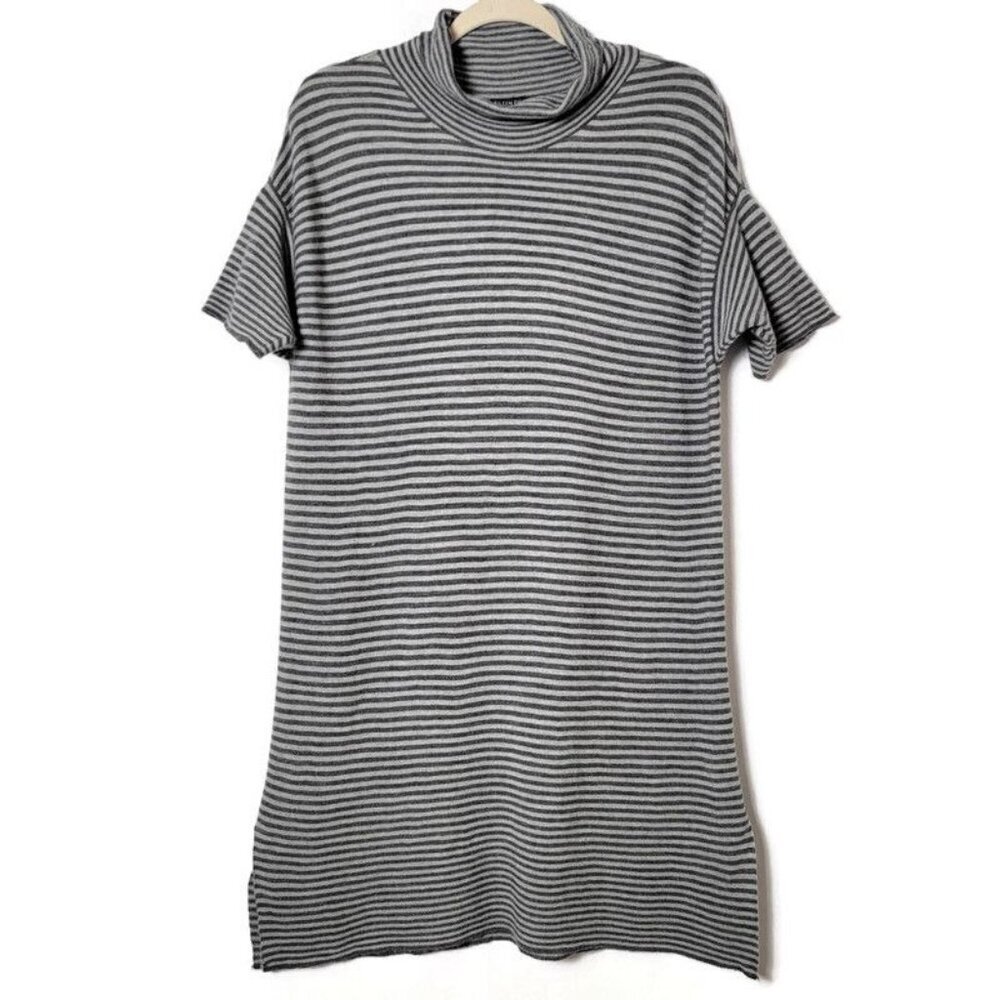 Eileen Fisher Gray Striped Merino Wool Turtle Mock Short Sleeve Tunic Top Small